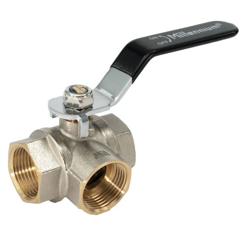 Кран шаровой трёхходовой 1" тип "Т" г./г./г. никел. с ручкой Millennium